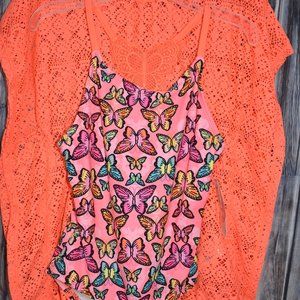 Butterfly 1pc Swimsuit w/ Lace Coverup Top New XS
